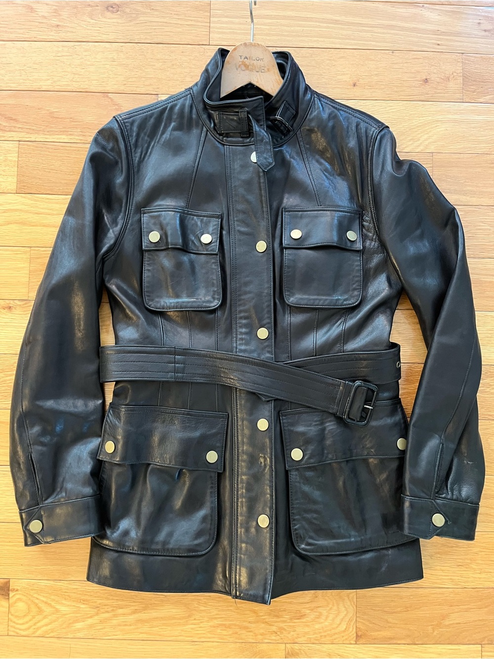 Banana Republic Black Genuine Leather Jacket with Stand Collar Option and Belt